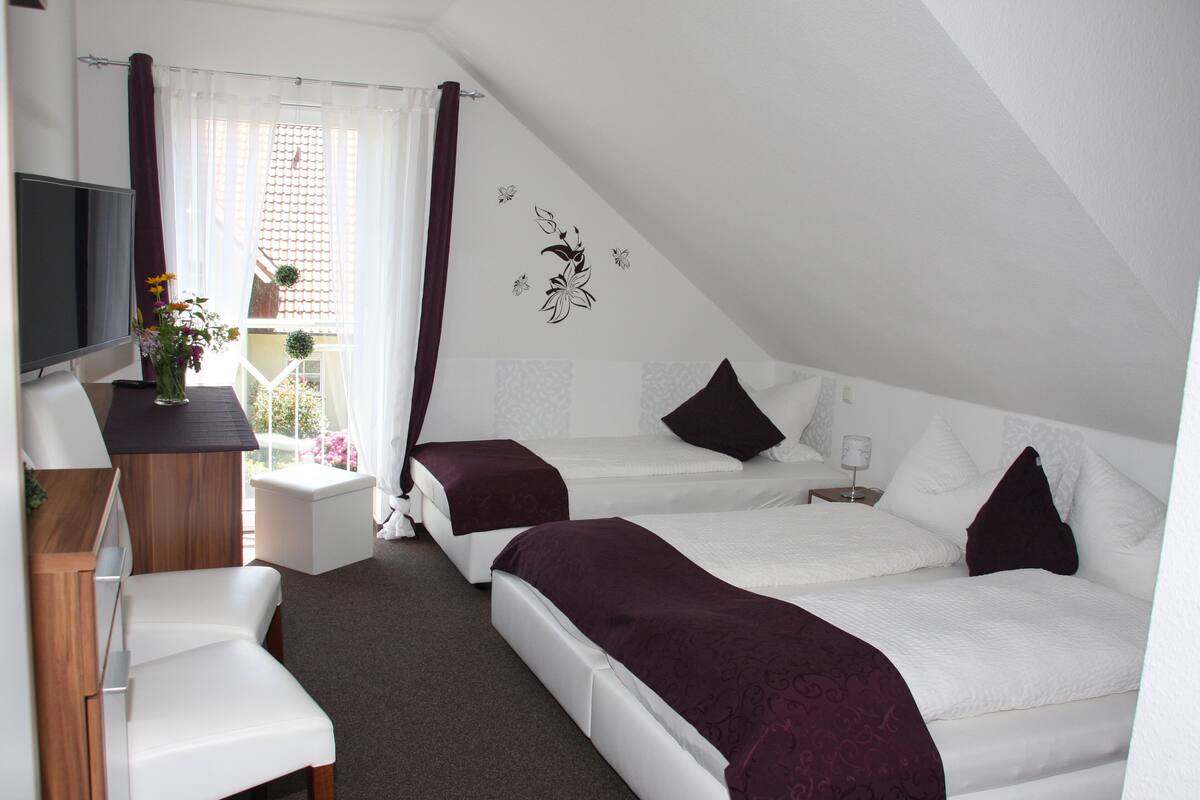 A bedroom with two beds, a desk, a chair, and a TV.