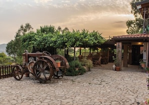 An outdoor area with a vintage tractor, stone paving, potted plants, and a building entrance. - Agriturismo Sorgituro (Postiglione)