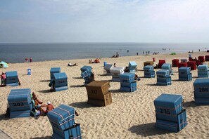 On the beach, sun-loungers