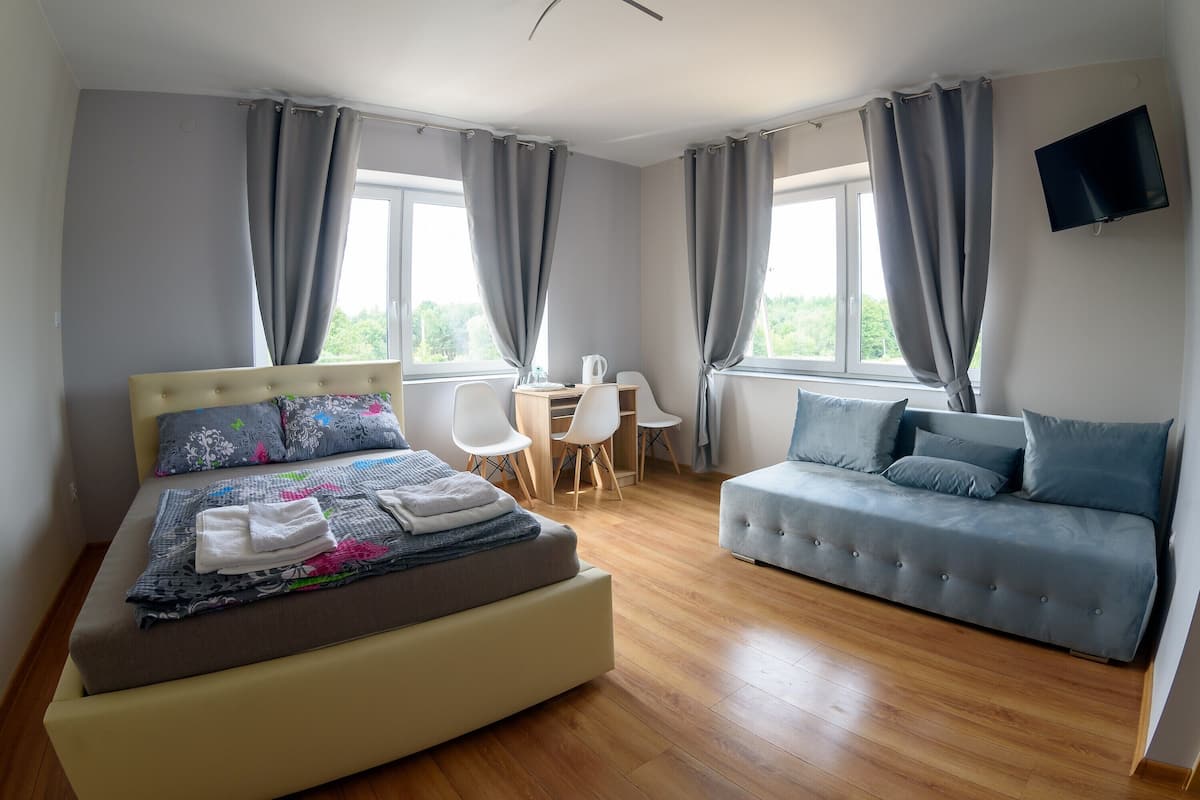 Une chambre à coucher avec un lit, un canapé, un bureau et une télévision.