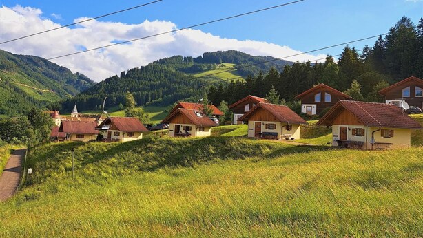 A row of traditional wooden houses with sloped roofs, set in a lush green valley with mountains in the background. - Chalet in Gaal by Ski Slopes & Alpine Park (Gaal im Murtal)