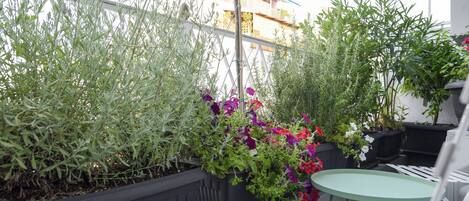 A balcony with potted plants and a small table.