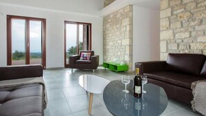A spacious living room with a stone wall, leather sofas, a glass coffee table, and a view through large sliding doors.