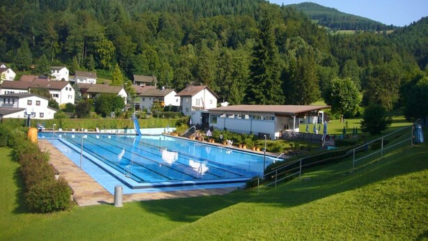 A swimming pool surrounded by houses with a forested hill in the background.