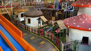 A children's play area with slides, climbing structures, and colorful playhouses.