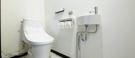 A modern bathroom with a toilet, a sink, and a toilet paper holder.