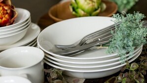 Ein ordentlich gedeckter Esstisch mit weißen Tellern, Gabeln und einer kleinen Schüssel mit Essen, ergänzt durch eine dekorative Pflanze.