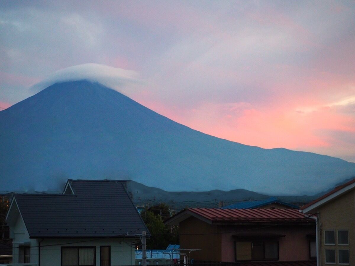 A residential area with houses and a mountain in the background.