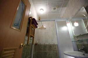 Un baño con ducha, lavabo y espejo.