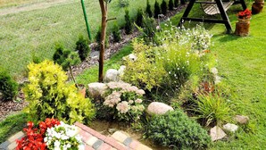 A garden with various plants, a swing set, and a fenced area. - Holiday Home in Kolczewo near Baltic Beaches (Kolczewo)