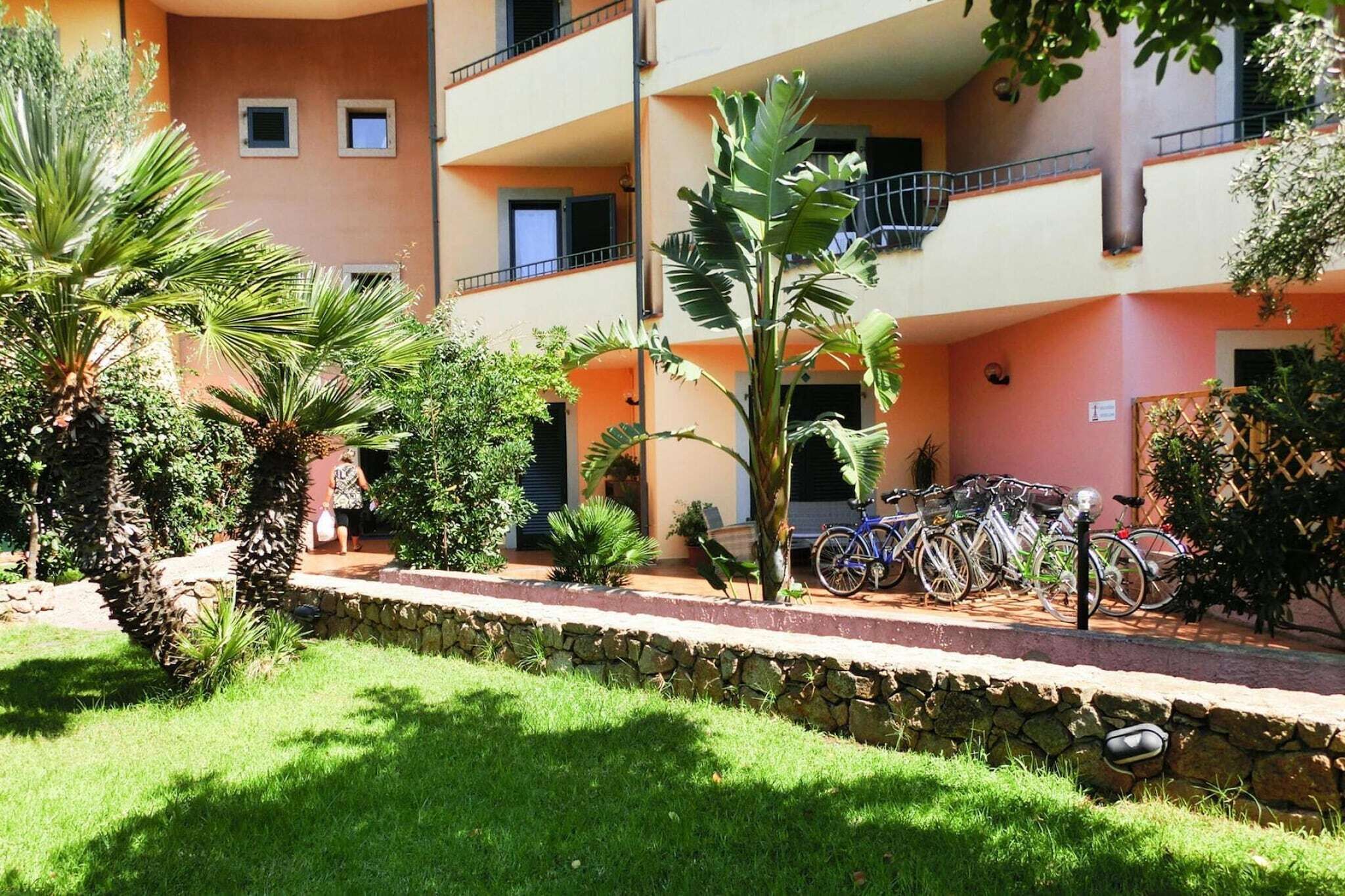 Un cortile con un muro in pietra, una palma e biciclette parcheggiate.