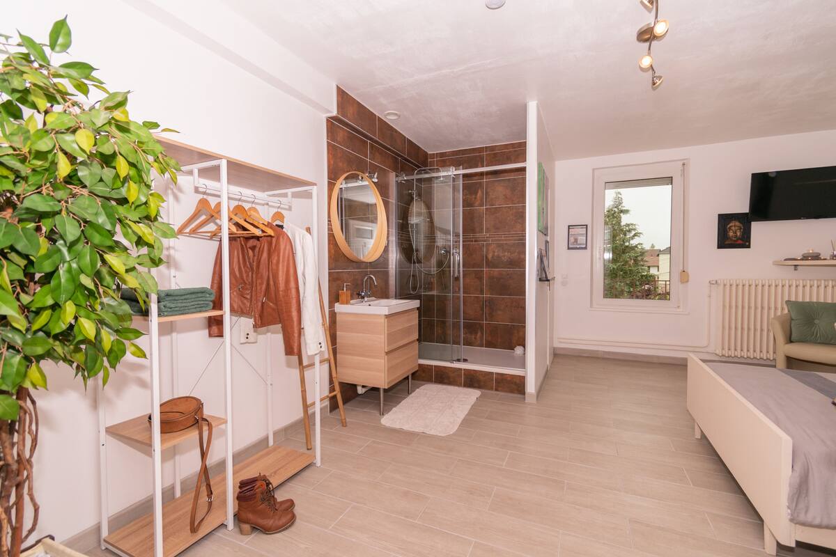 Een moderne slaapkamer met inloopkast, douche en bed.