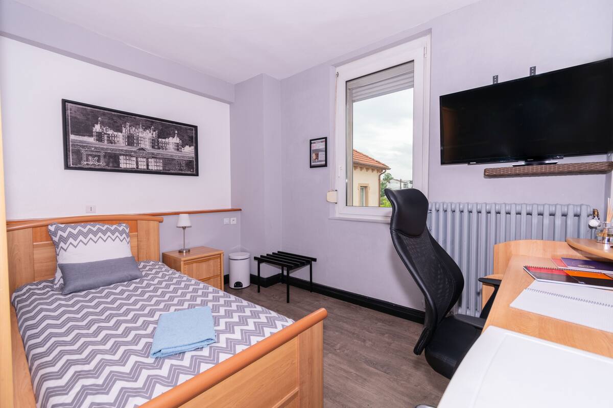 Hotelkamer met een bed, bureau, stoel, televisie, raam, radiator en een foto aan de muur.