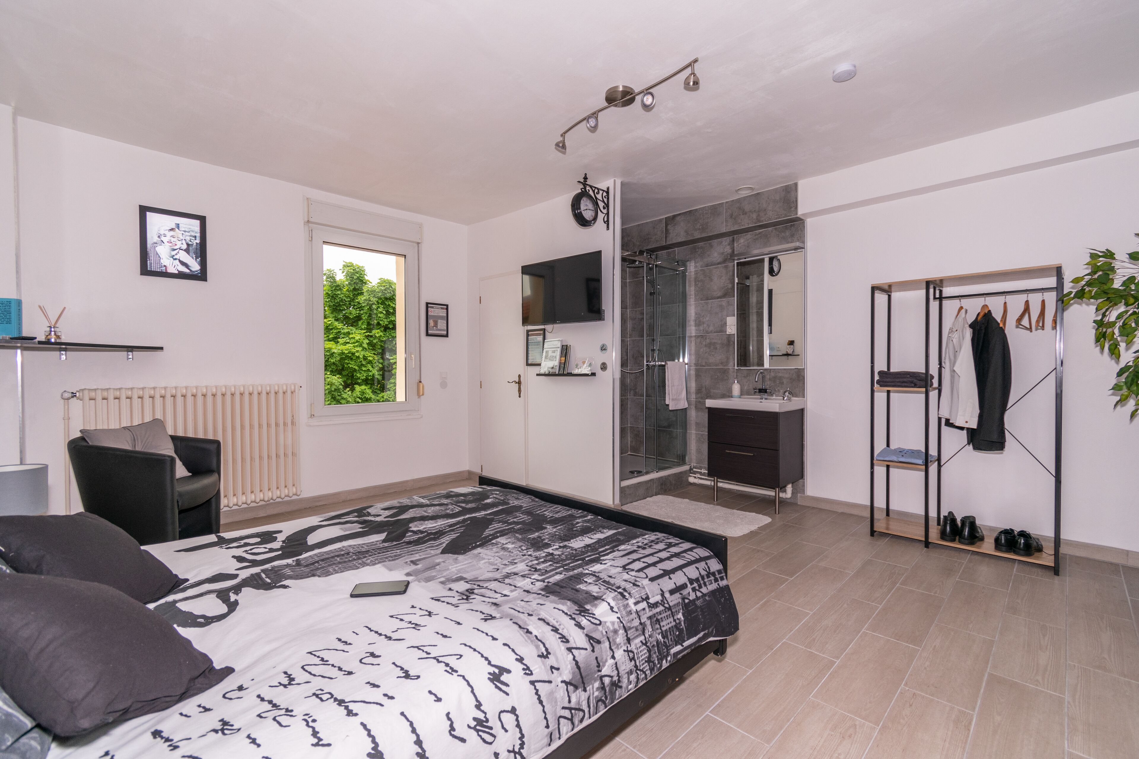 A modern bedroom with a large bed, a walk-in closet, a shower area, and a view of greenery outside.