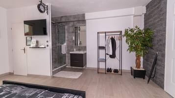 A modern bedroom with a bed, a walk-in closet, a bathroom with a shower, and a potted plant.