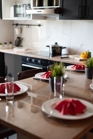 Industrial Style Apartment | Private kitchen | Microwave, cleaning supplies - Private & Comfortable Apartments (Puttelange-aux-Lacs)