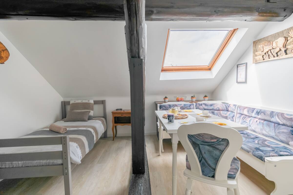 Een knus loft slaapkamer met dakraam, een bed, een bank en een eethoek.