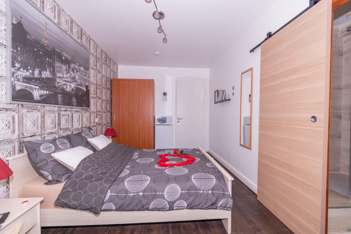 Een slaapkamer met een bed, een kledingkast, een spiegel en een tv aan de muur.