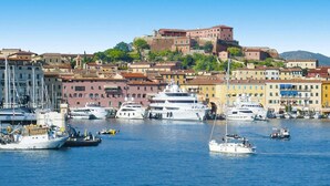 A marina with various boats, including yachts and sailboats, docked in a harbor with colorful buildings and a prominent castle in the background.