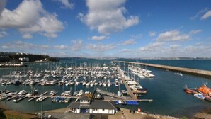 A marina with numerous boats docked, a pier extending into the water, and a clear sky. - Sea Tang Guest House (Brixham)