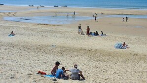 Une plage où des gens se prélassent au soleil et se baignent.
