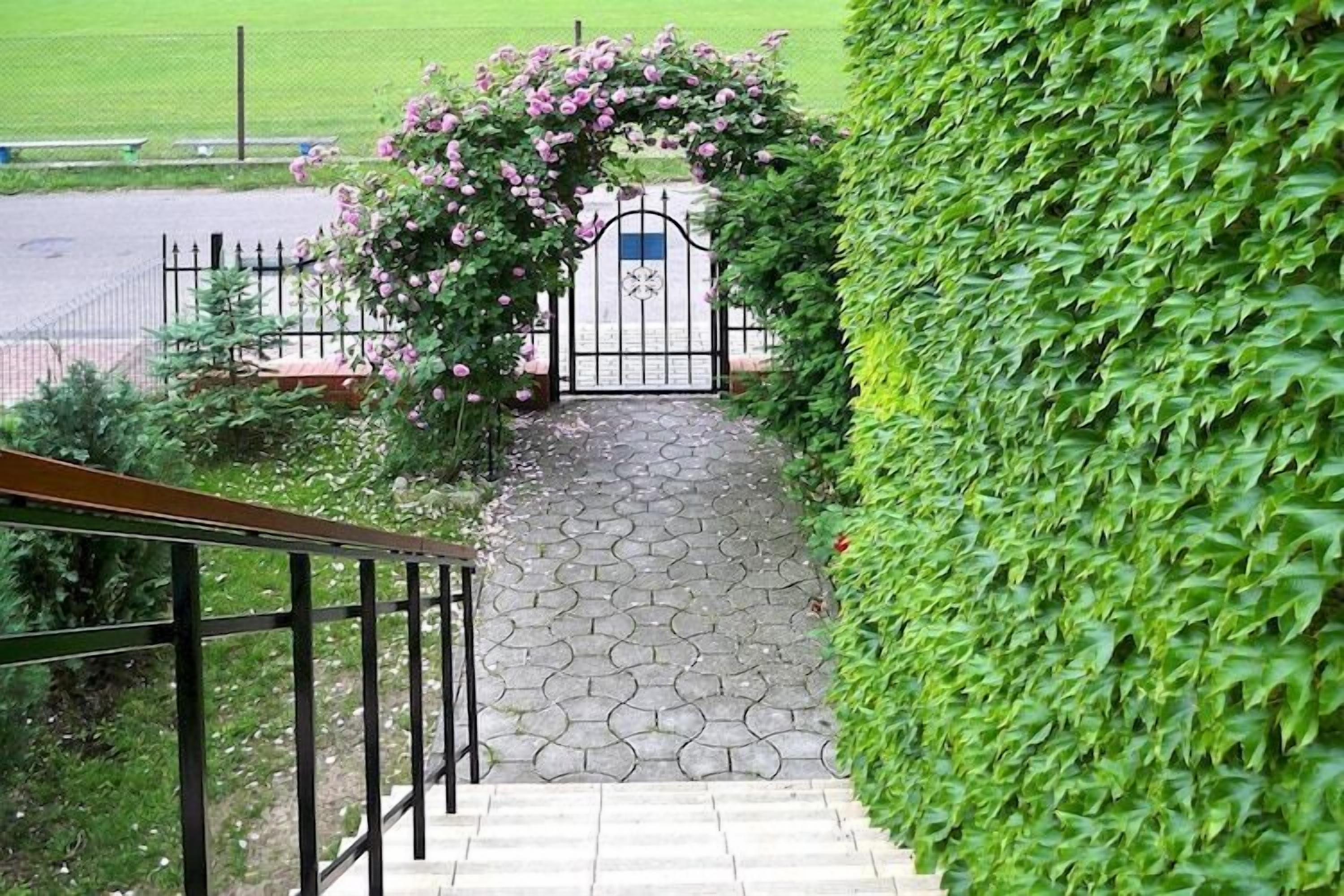 A stone pathway leading to a gated entrance with a metal fence and a green hedge on one side.