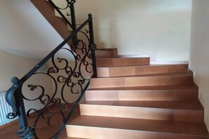 Un escalier avec une rampe en métal et des marches marron.