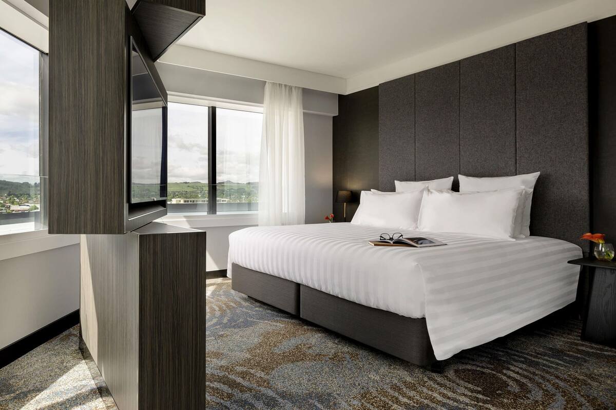 Una habitación de hotel moderna con una cama grande, un televisor de pantalla plana montado en un panel de madera, un ventanal con vistas al campo y una alfombra estampada.