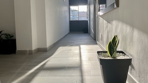 A hallway with a potted plant, a window, and a door at the end. - Pensión Cassandra (Arona)