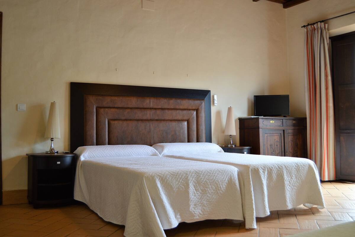 A double bed with a wooden headboard, a bedside table with a lamp, and a television on a cabinet.