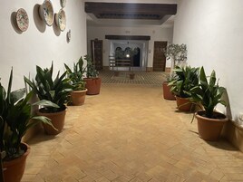 Un pasillo flanqueado por macetas, que conduce a una habitación con techo de madera y una puerta al final.