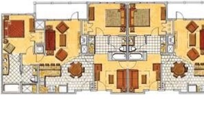 Plano de un hotel que muestra varias habitaciones, un vestíbulo central y una zona de comedor.