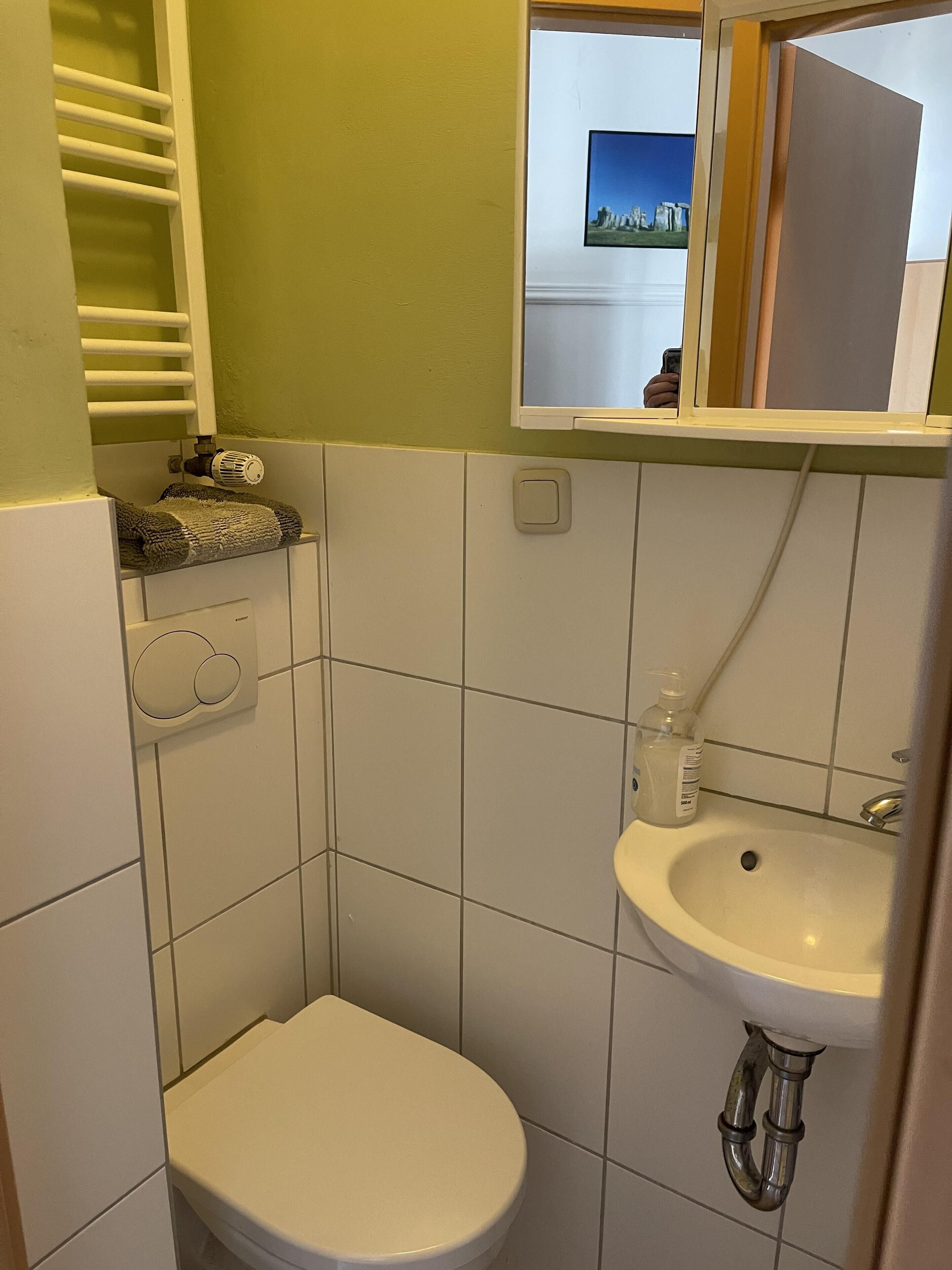 Un baño pequeño con inodoro, lavabo y toallero.