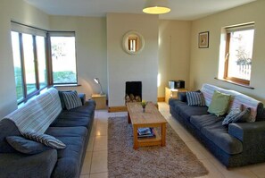 Smart TV, fireplace, video games, DVD player