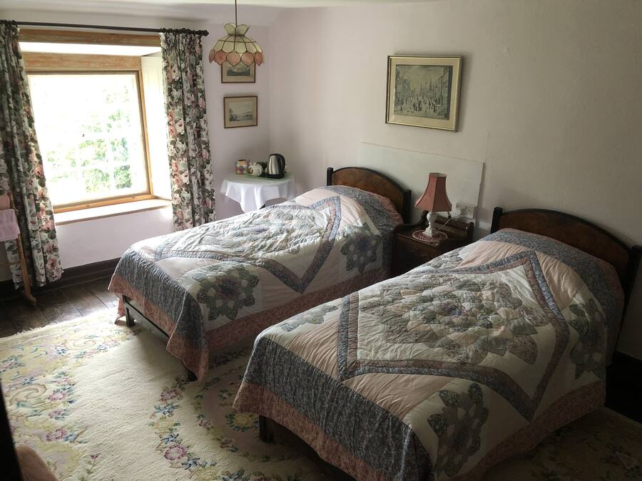 A bedroom with two beds, a window with curtains, a table with a kettle, and a lamp.