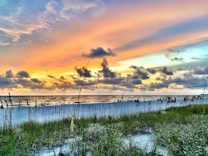 A beach with a sunset, grassy areas, and the ocean.