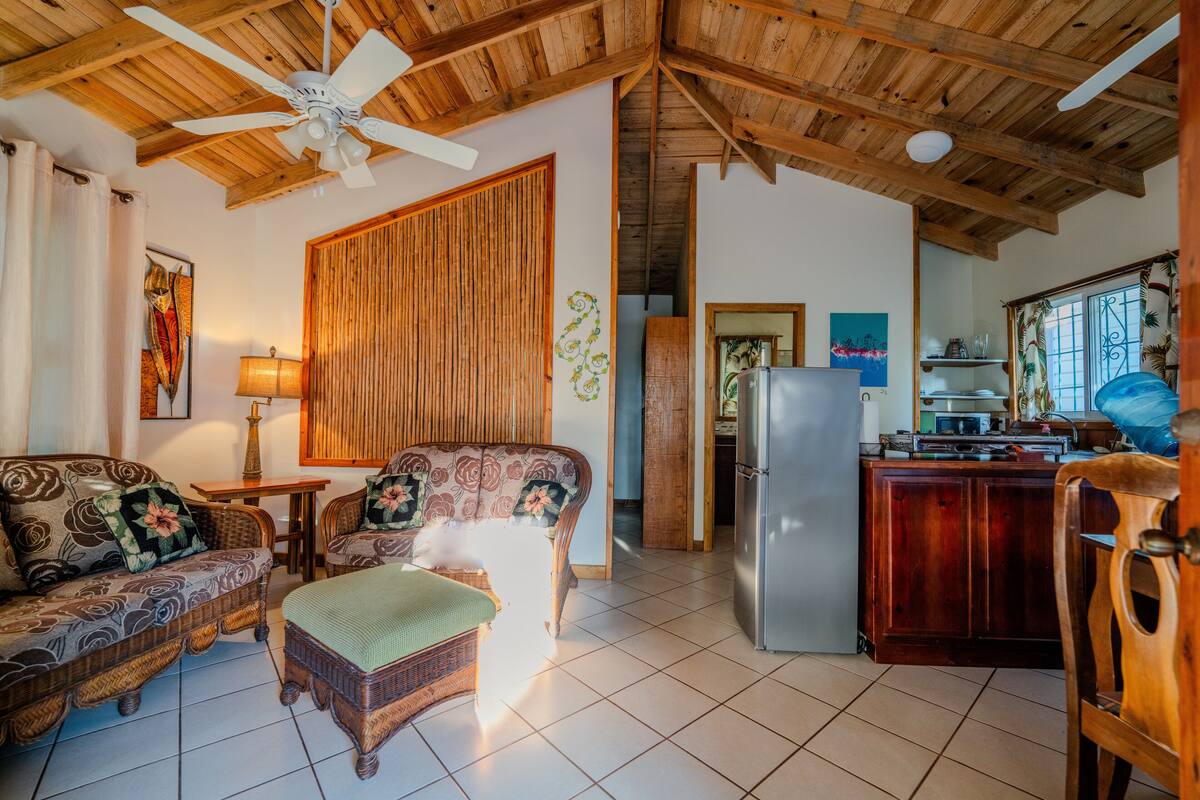 A living room with a sofa, armchair, and ottoman, a kitchen area with a refrigerator, and a ceiling fan.