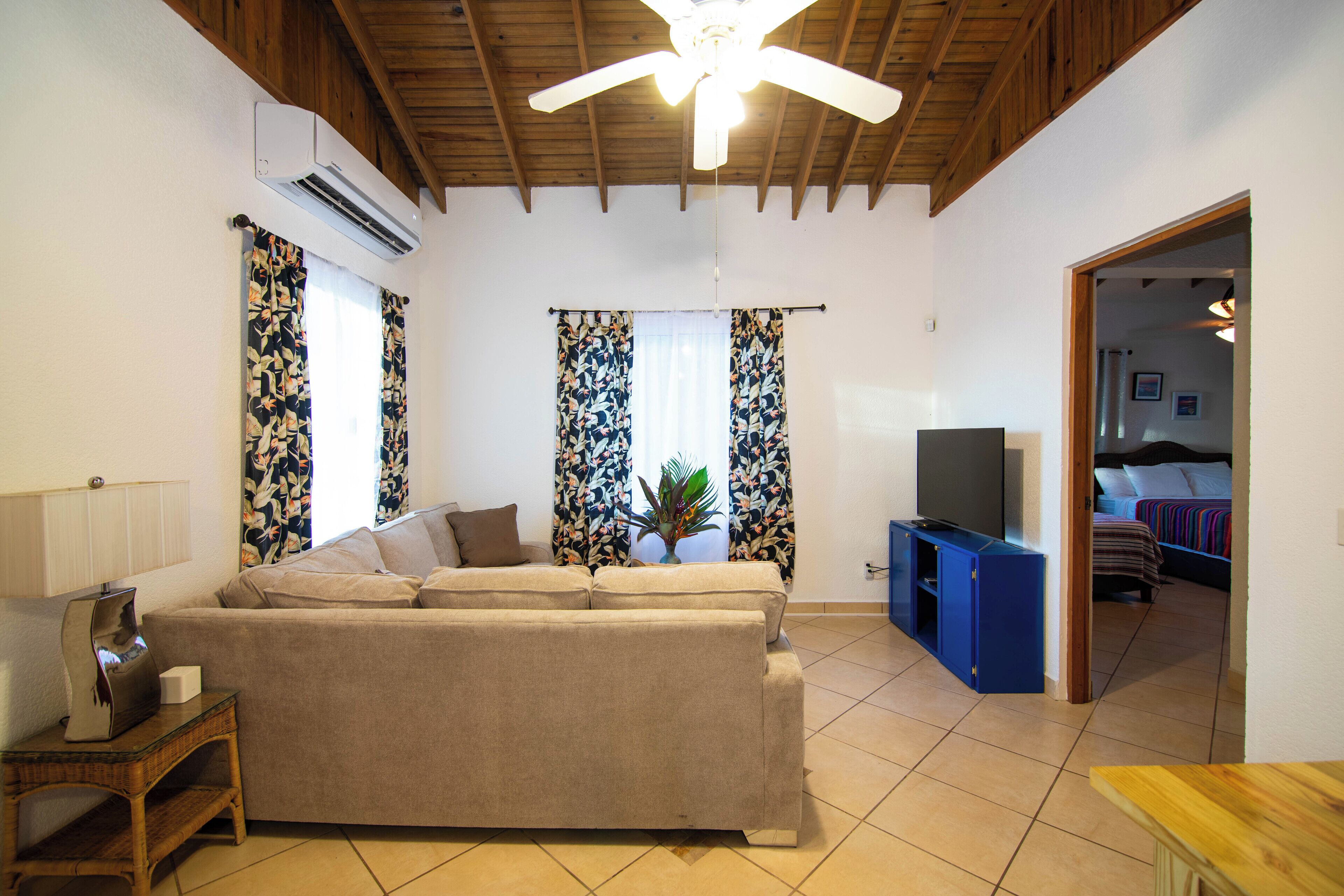 A living room with a sofa, TV, and a ceiling fan.