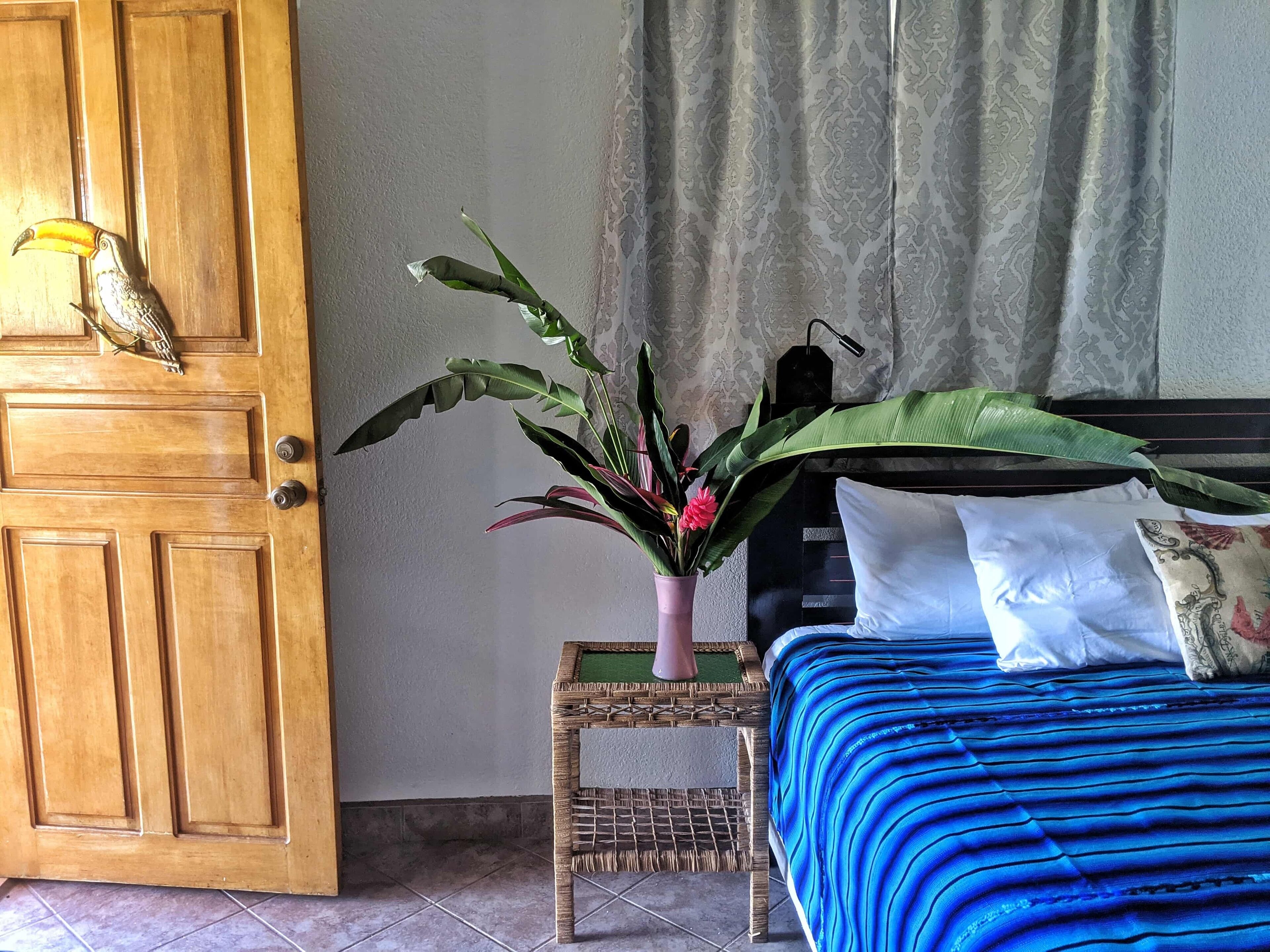 Una habitación con puerta de madera, cama con colcha azul a rayas, una pequeña mesita de mimbre con una planta y una cortina estampada con motivos paisley.