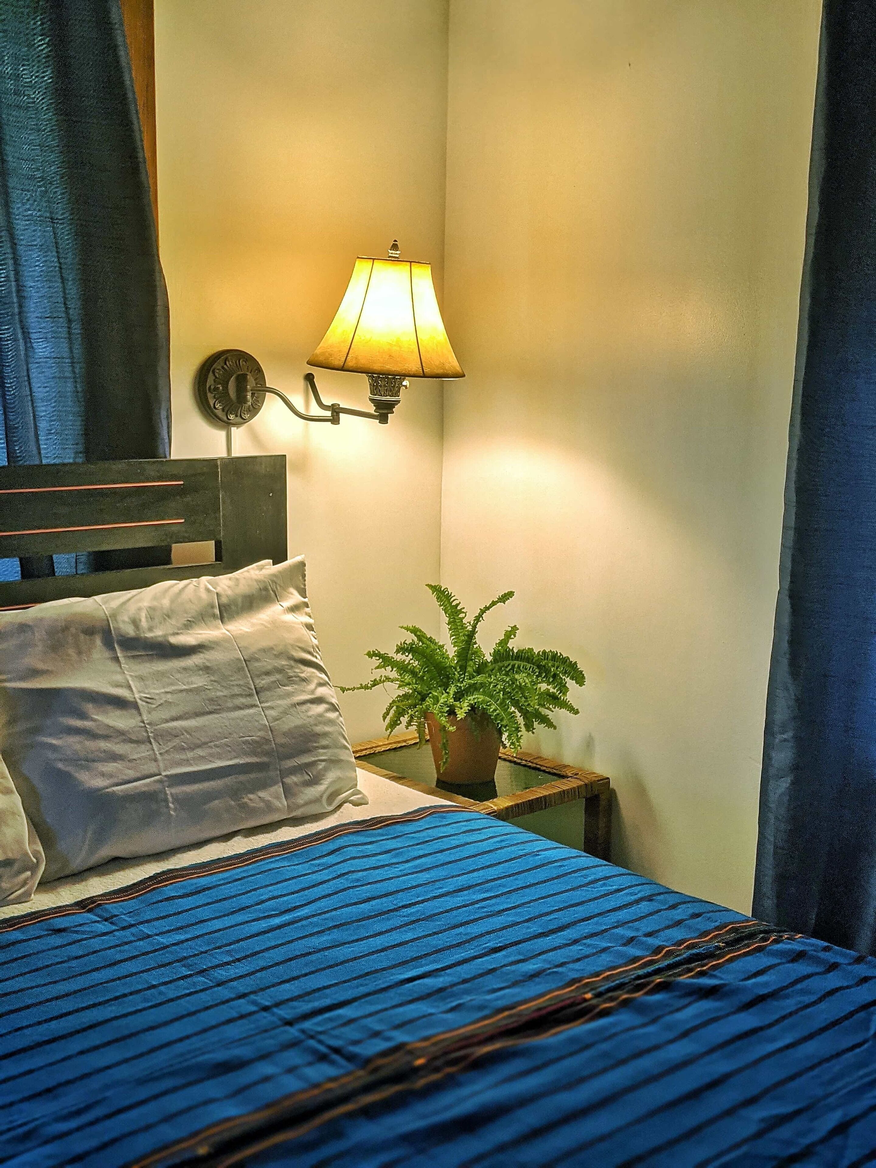 Una cama bien hecha con una colcha azul a rayas, una almohada blanca y una mesita de noche con una lámpara y una planta en maceta.