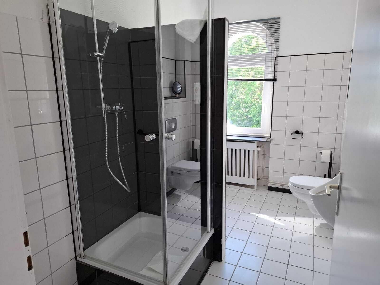 Ein modernes Badezimmer mit Duschkabine, Toilette und Waschbecken.