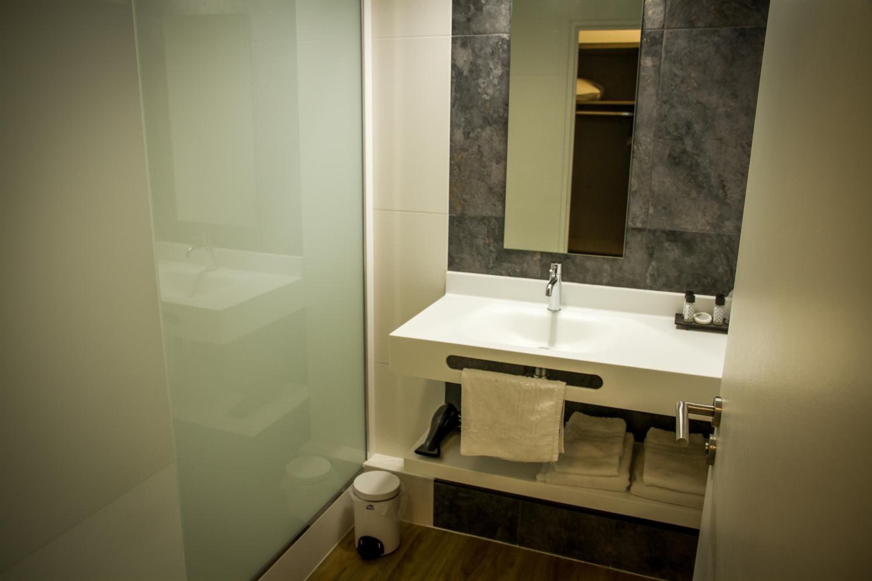 A modern bathroom with a glass shower enclosure, a white sink, and a mirror above it.