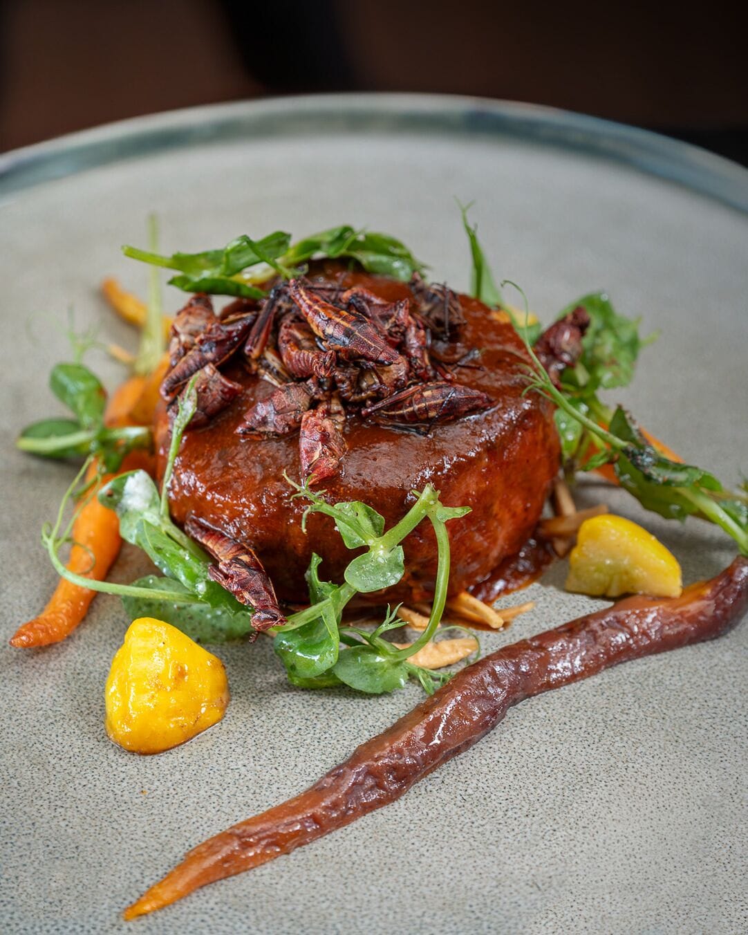 Une assiette de nourriture comprenant un plat de viande principal, agrémenté de légumes verts et d’autres légumes.