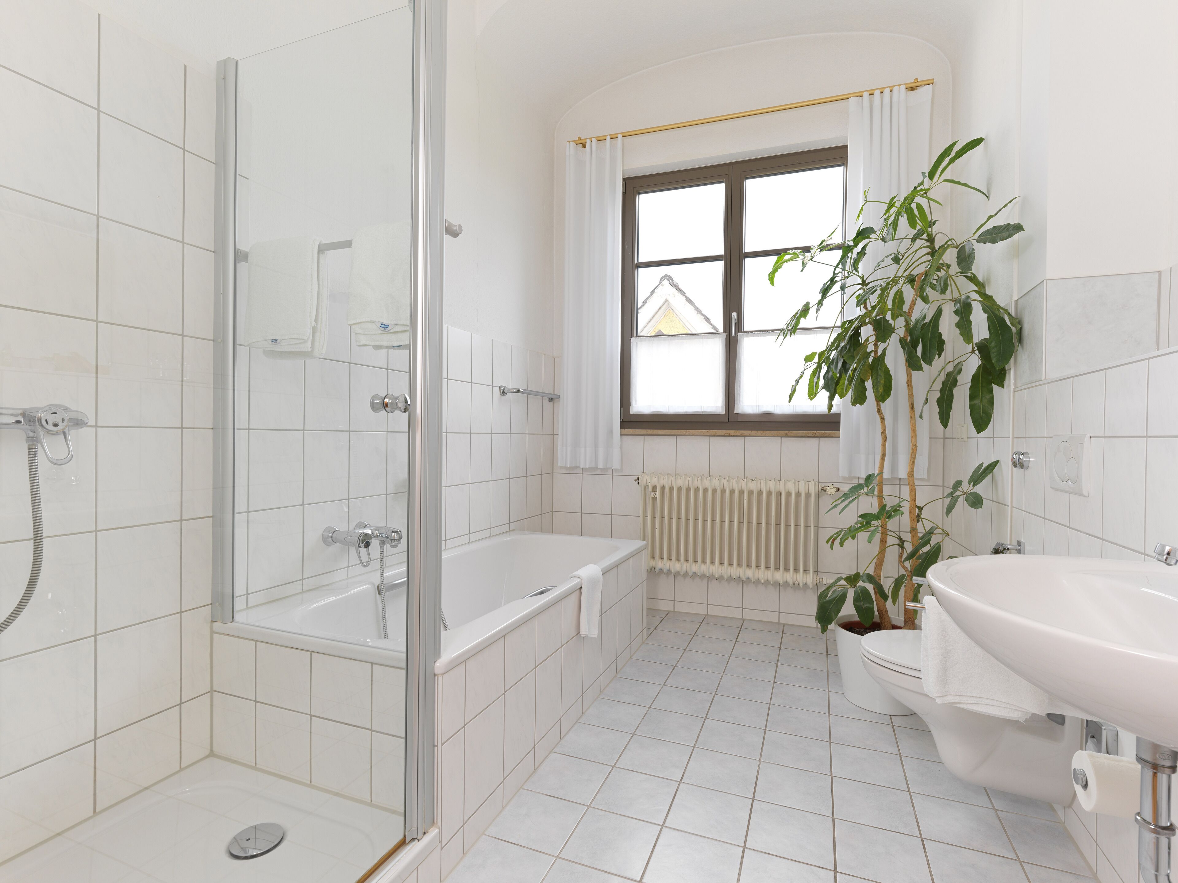 A modern bathroom with a glass-enclosed shower, a bathtub, a toilet, and a sink.