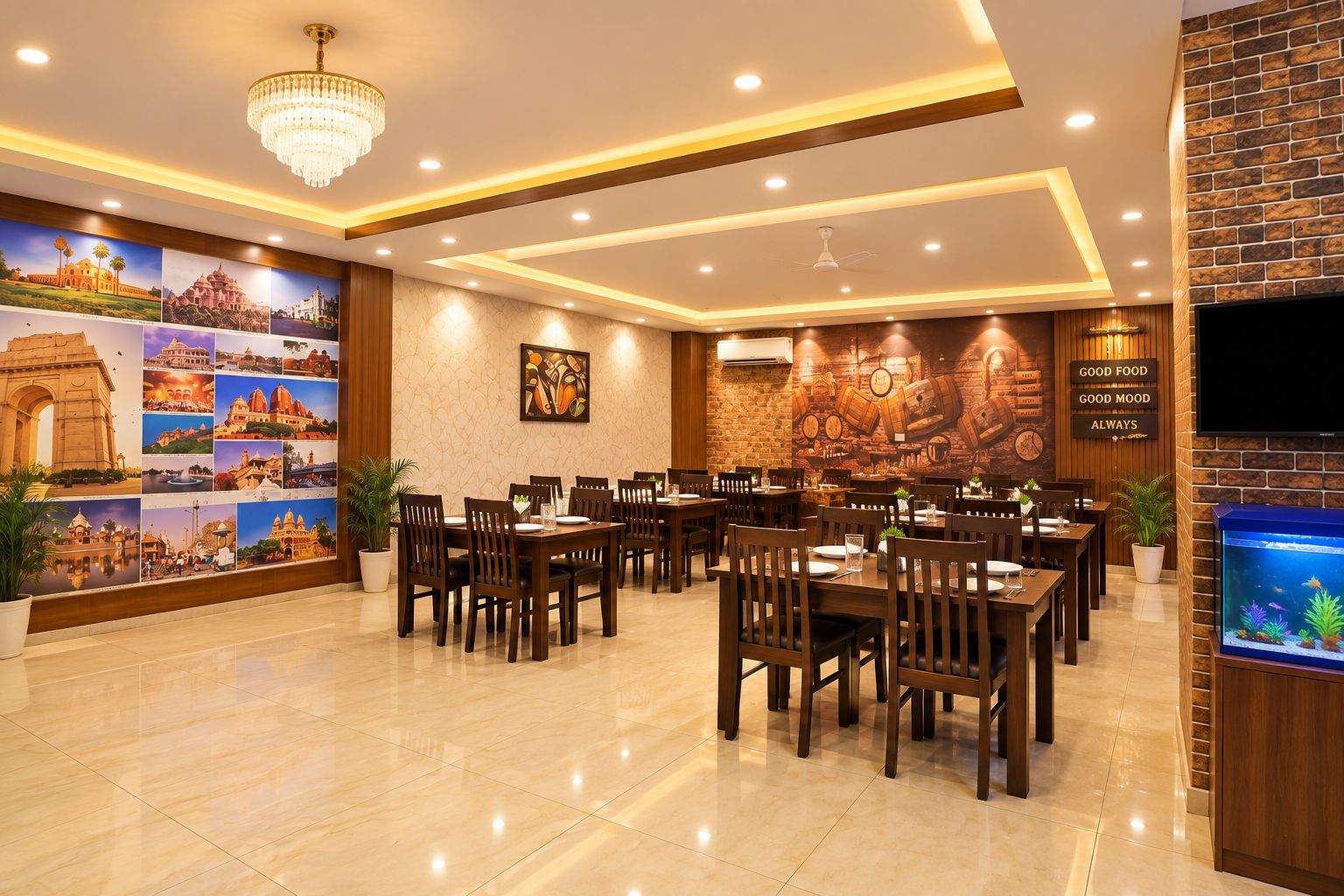 A restaurant with multiple dining tables, chairs, a chandelier, a wall mural, and a fish tank.