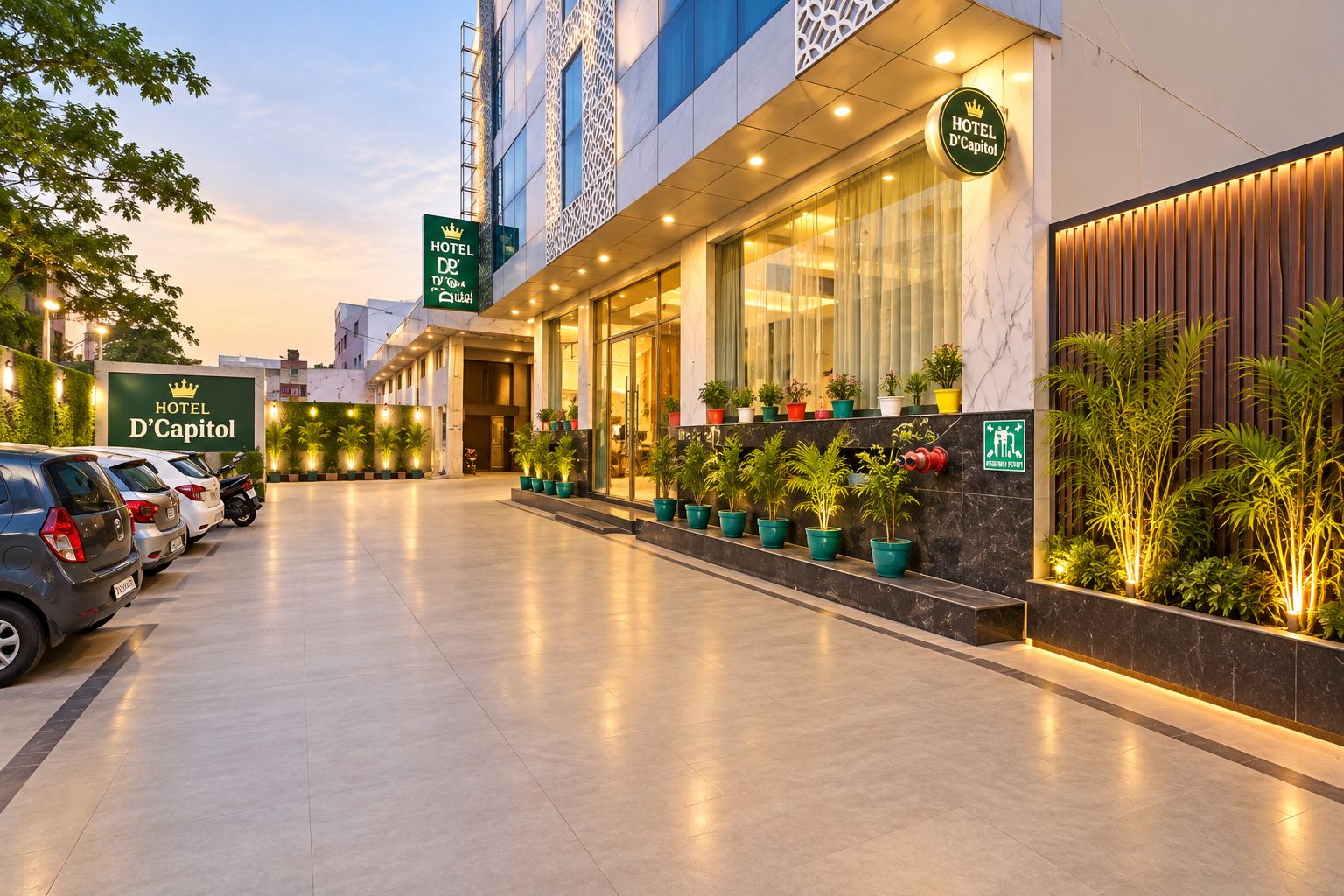 A hotel entrance with a modern facade, a parking area with cars, and a sign indicating a parking space.
