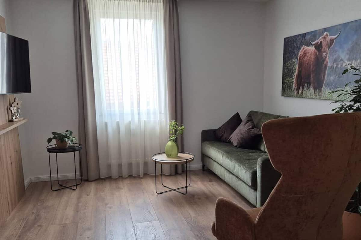A living room with a green sofa, a brown armchair, a small side table with a vase, a large window with sheer curtains, and a mounted TV.