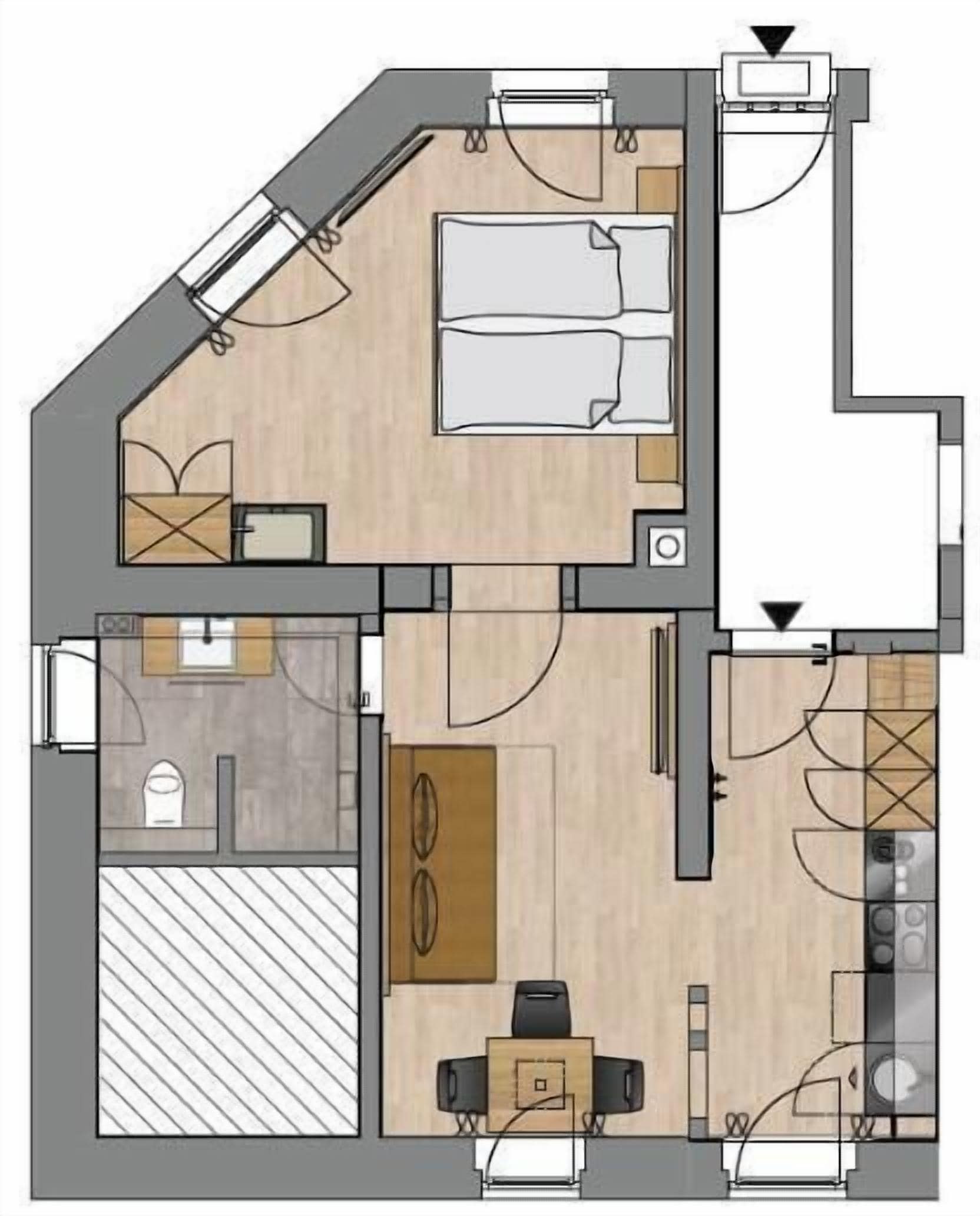 Plano de una habitación de hotel con cama, escritorio, silla, una pequeña cocina y baño.