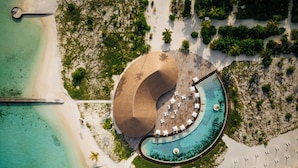 Vue aérienne d’un complexe hôtelier doté d’une grande piscine, d’une plage et de palmiers.