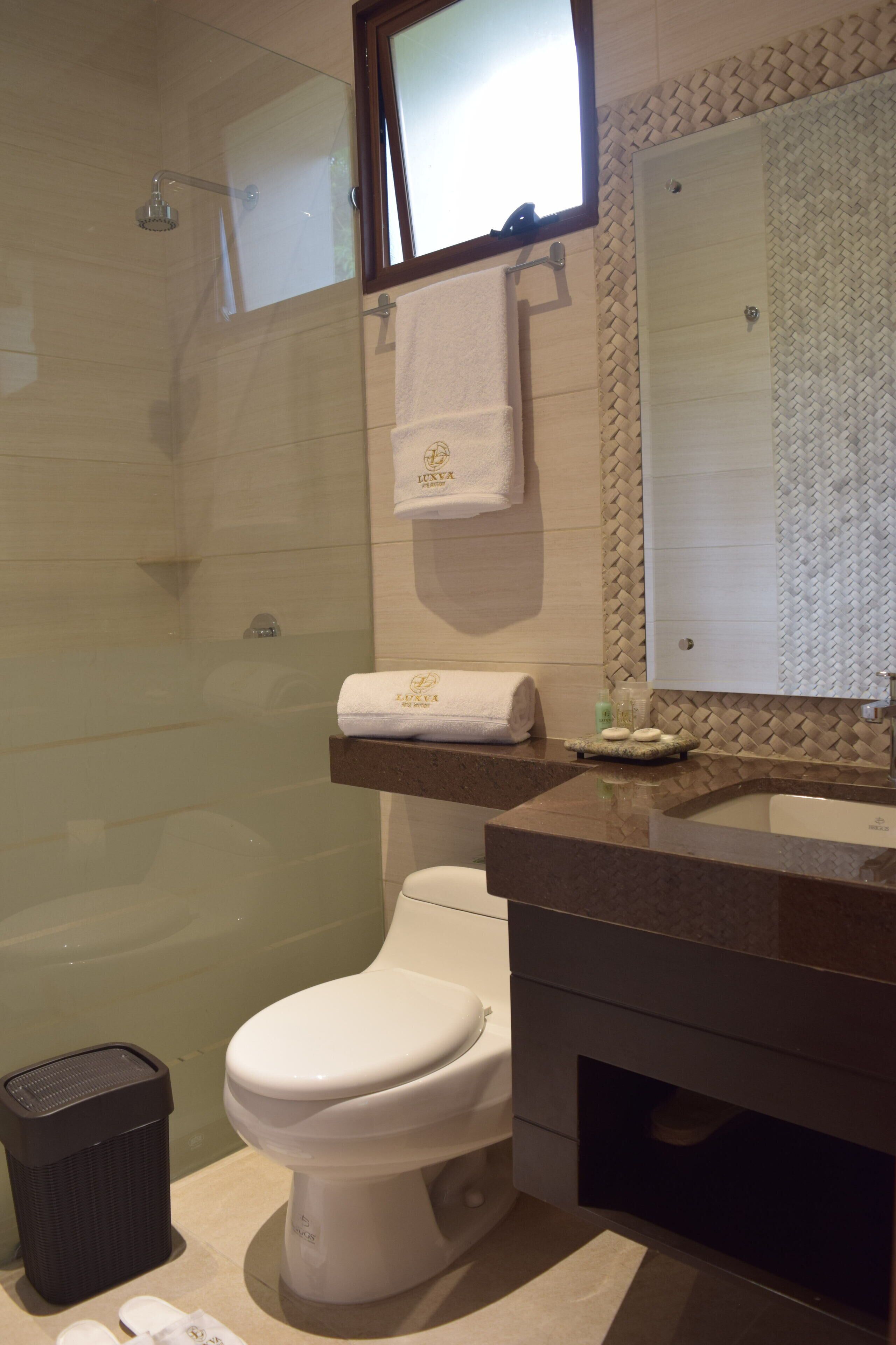 Une salle de bain avec une douche à parois de verre, des toilettes, un lavabo avec un miroir au-dessus et une poubelle.